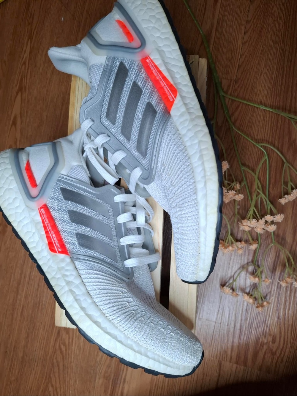 adidas White and Gray Running Sneakers with Neon Orange Accents